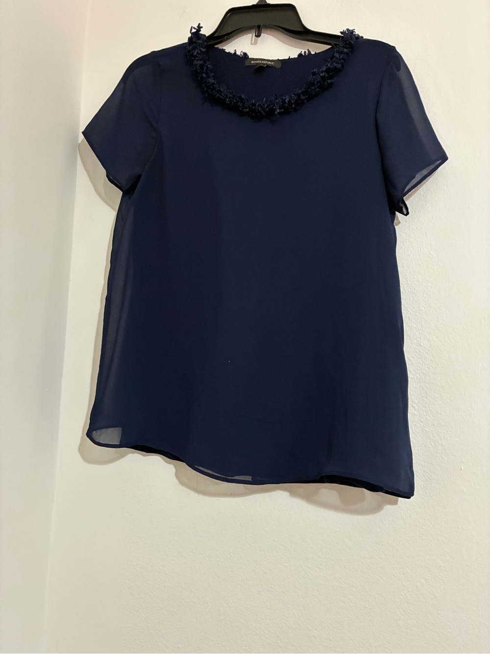 Banana Republic Navy Short-Sleeve Chiffon Blouse with Floral Trim Neckline